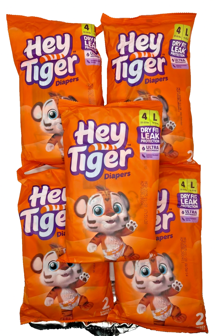 Five packs of Hey Tiger Size 4 unisex baby diapers in orange tiger character packaging, 2 diapers per pack