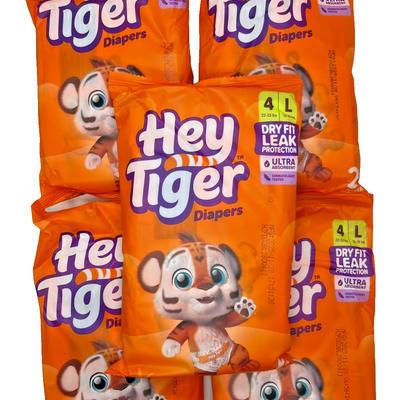 Five packs of Hey Tiger Size 4 unisex baby diapers in orange tiger character packaging, 2 diapers per pack