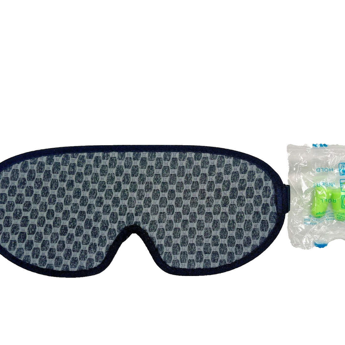 Black 3D contoured memory foam sleep eye mask with adjustable strap and foam earplugs included in product box