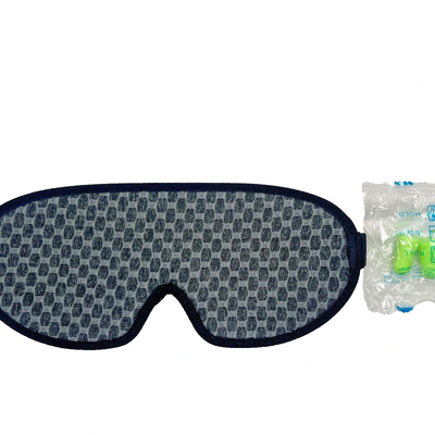 Black 3D contoured memory foam sleep eye mask with adjustable strap and foam earplugs included in product box