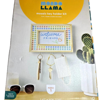 Mondo Llama mosaic pumpkin key holder craft kit with bamboo frame, colorful tiles, hooks, glue, and sponge included