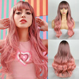 BOGSEA 24-inch long wavy ombre pink synthetic wig with bangs on a mannequin head, shown from front
