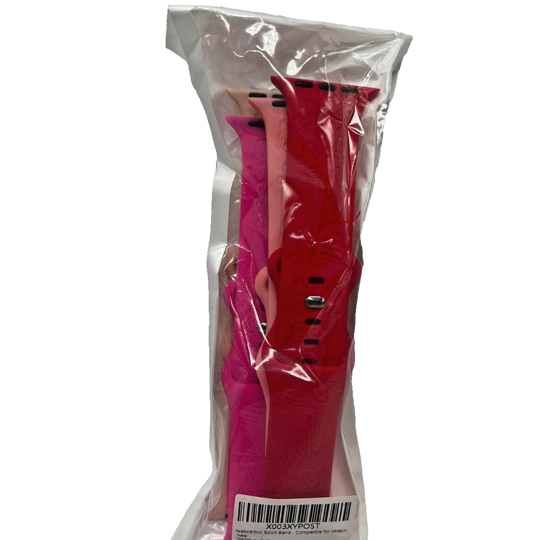Four silicone sport watch bands in hot pink, pink, red, and beige with engraved princess fairy tale pattern for 42–49mm watches