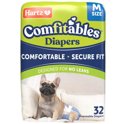 Hartz disposable dog diapers size medium 32 count package showing FlashDry absorbent core and velcro tab closure