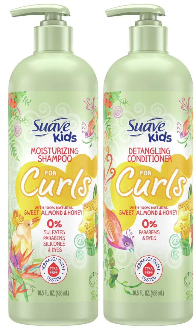 Two bottles of Suave Kids almond honey shampoo and detangling conditioner, each 16.5 oz, for curly hair