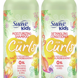 Two bottles of Suave Kids almond honey shampoo and detangling conditioner, each 16.5 oz, for curly hair