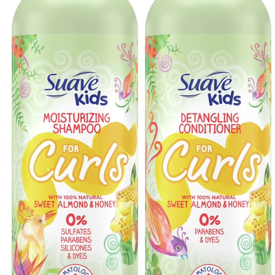 Two bottles of Suave Kids almond honey shampoo and detangling conditioner, each 16.5 oz, for curly hair