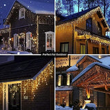 Warm white LED icicle lights with 72 hanging drops strung along a roofline outdoors, Christmas icicle lights 360 LED 18.57ft - view 2