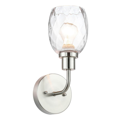 XiNBEi brushed nickel 1-light wall sconce with clear faceted glass shade mounted on wall, modern bathroom vanity light