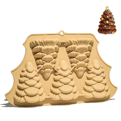 Brown food-grade silicone mold with 5 three-dimensional Christmas tree cavities for baking cakes muffins and ice cubes