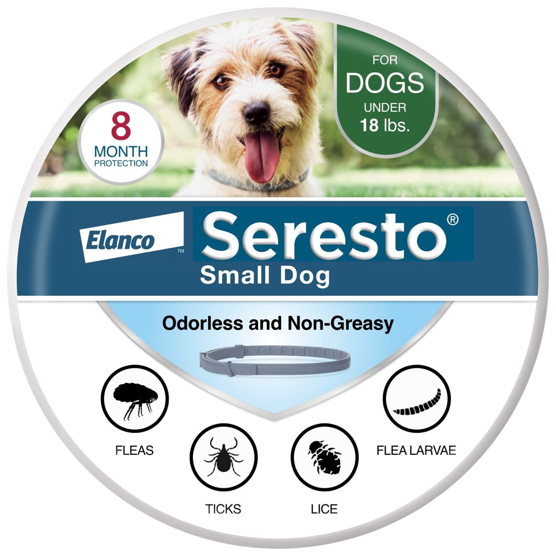 Seresto gray flea and tick collar for small dogs under 18 lbs in original sealed Elanco manufacturer packaging