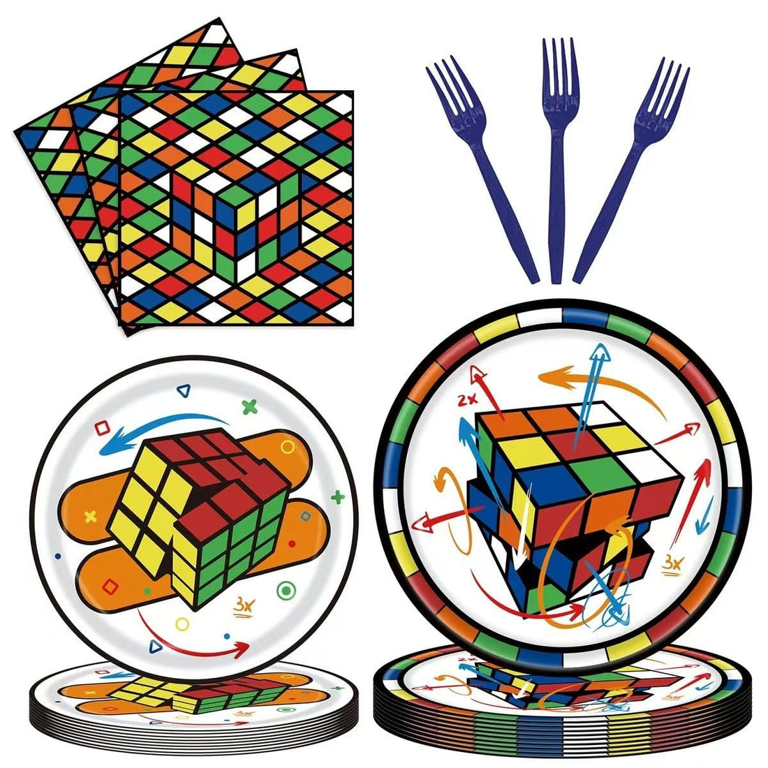 96-piece video game cube theme party tableware set with paper plates, napkins, and forks for 24 guests