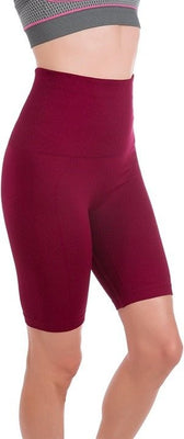 Homma burgundy high waist seamless biker shorts with tummy control compression panel, size medium, laid flat