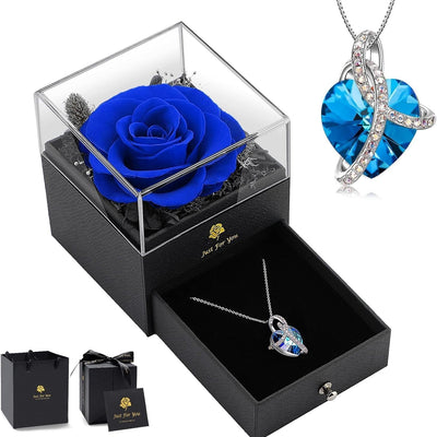 Blue preserved rose under clear glass dome with butterfly decor and blue flower moissanite pendant necklace in gift box