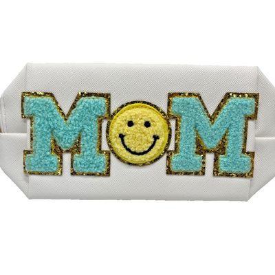 Small white PU leather makeup bag with chenille varsity-style MOM patches and yellow smiley face, gold zipper closure