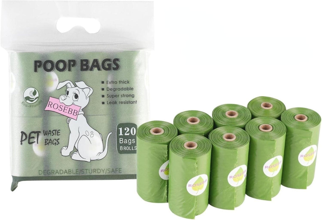 RoseBB green biodegradable dog poop waste bags 9x13 inches, 8 rolls of 15 bags totaling 120 count