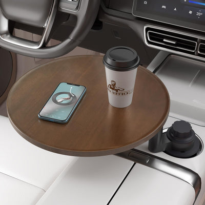 AXVLU 360-degree rotating car tray desk with walnut birch wood top mounted in vehicle cup holder, laptop and cup resting on surface