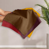 Four waffle weave cotton kitchen dish towels in brown, burgundy, red, and mustard, each 16x26 inches with hanging loop - view 5