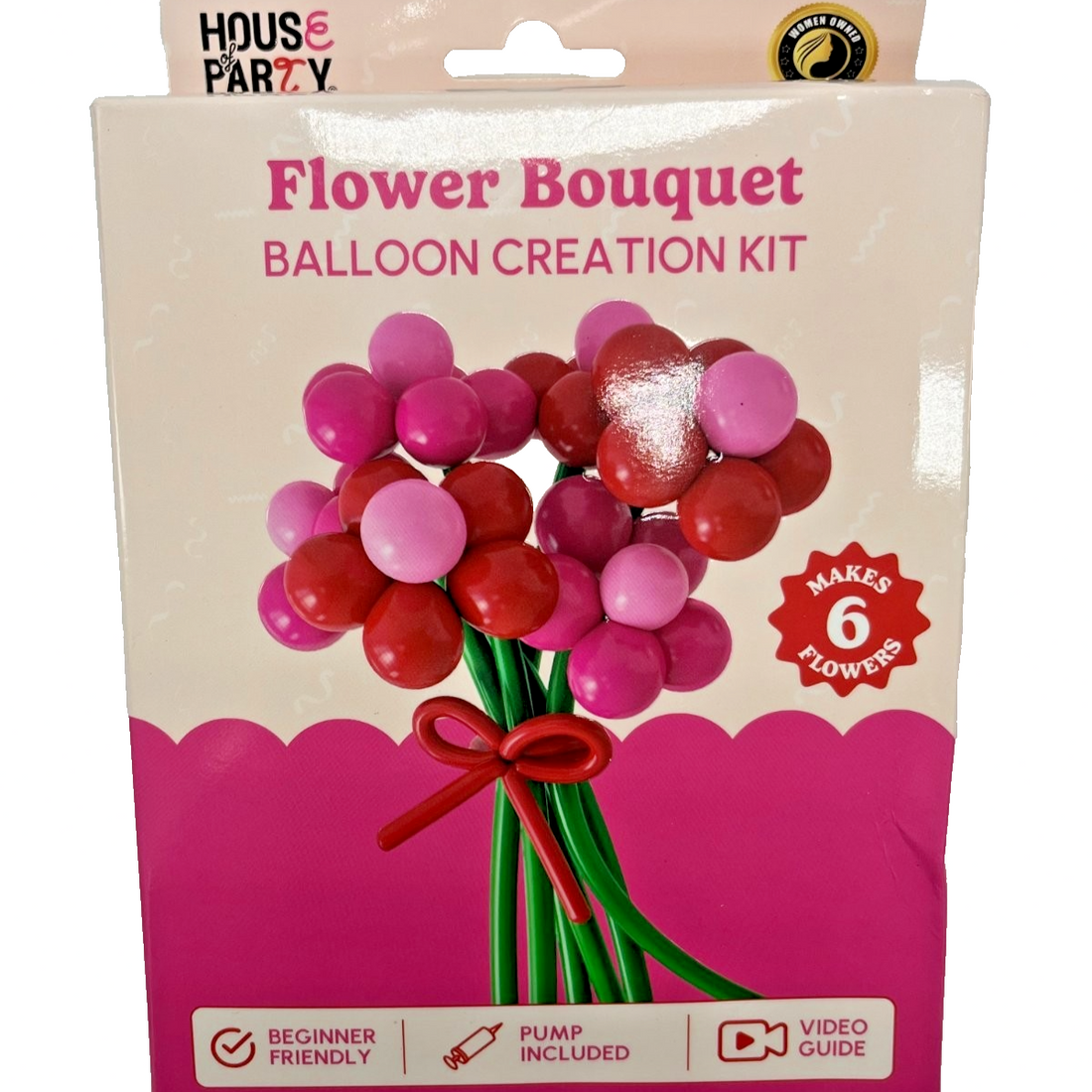 House of Party 58-piece DIY flower bouquet balloon kit with red, rose red, and pastel pink balloon flowers and green stems