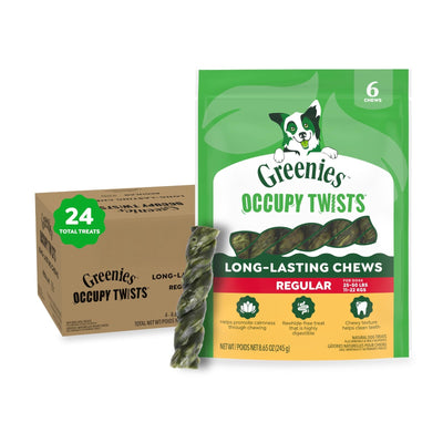 Greenies Occupy Twists chicken flavor 24-count 34.6 oz bag of rawhide-free calming dental chews for adult dogs