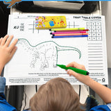 Pack of 20 ElocioFun dinosaur airplane tray table covers laid flat showing coloring game and activity designs, 18x14 inches