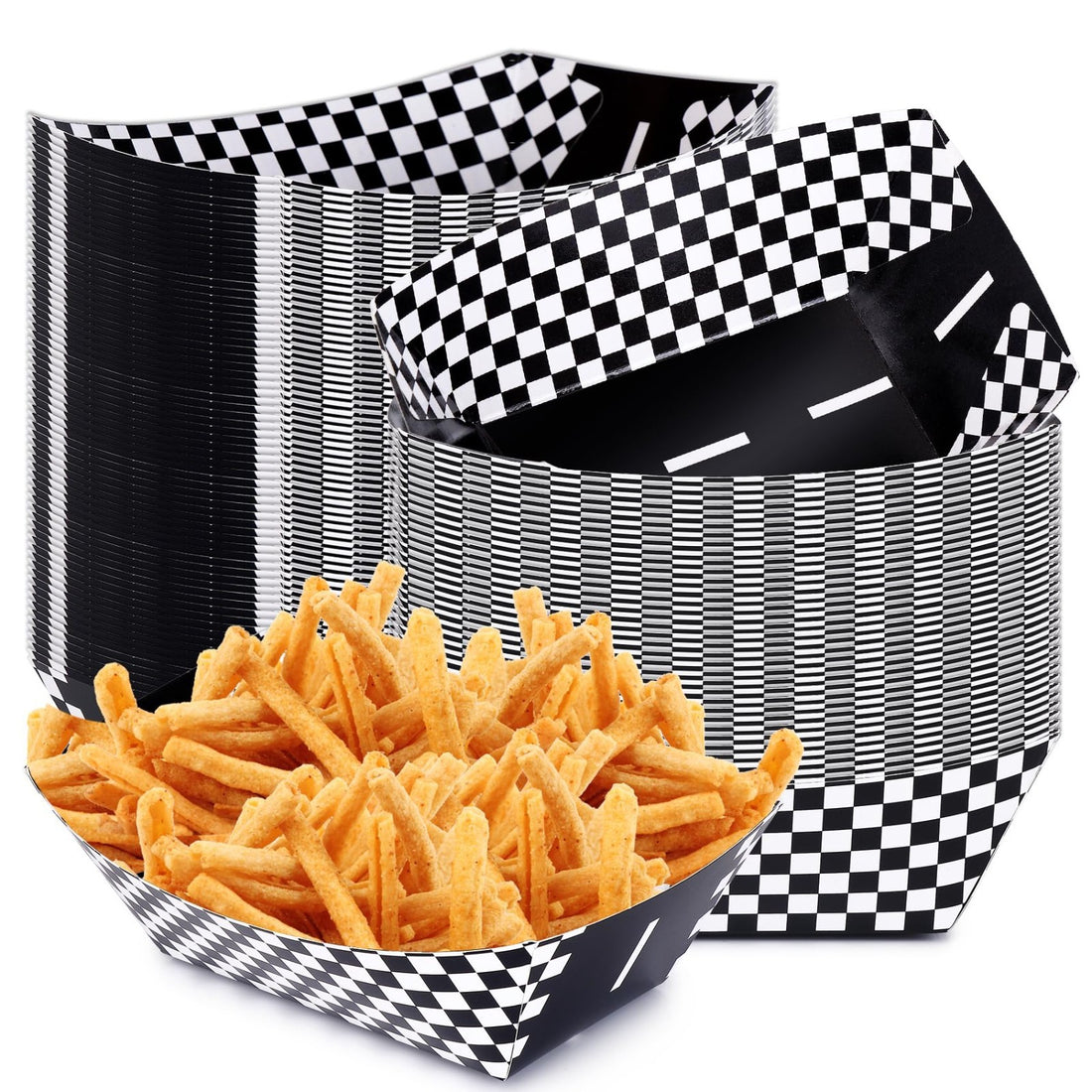 50 black and white checkered racing car paper food trays fanned out showing nacho and popcorn serving size