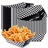 50 black and white checkered racing car paper food trays fanned out showing nacho and popcorn serving size