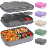 Caperci 47oz dark gray stackable bento lunch box with 4 compartments, locking clips, and built-in utensil set