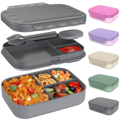 Caperci 47oz dark gray stackable bento lunch box with 4 compartments, locking clips, and built-in utensil set