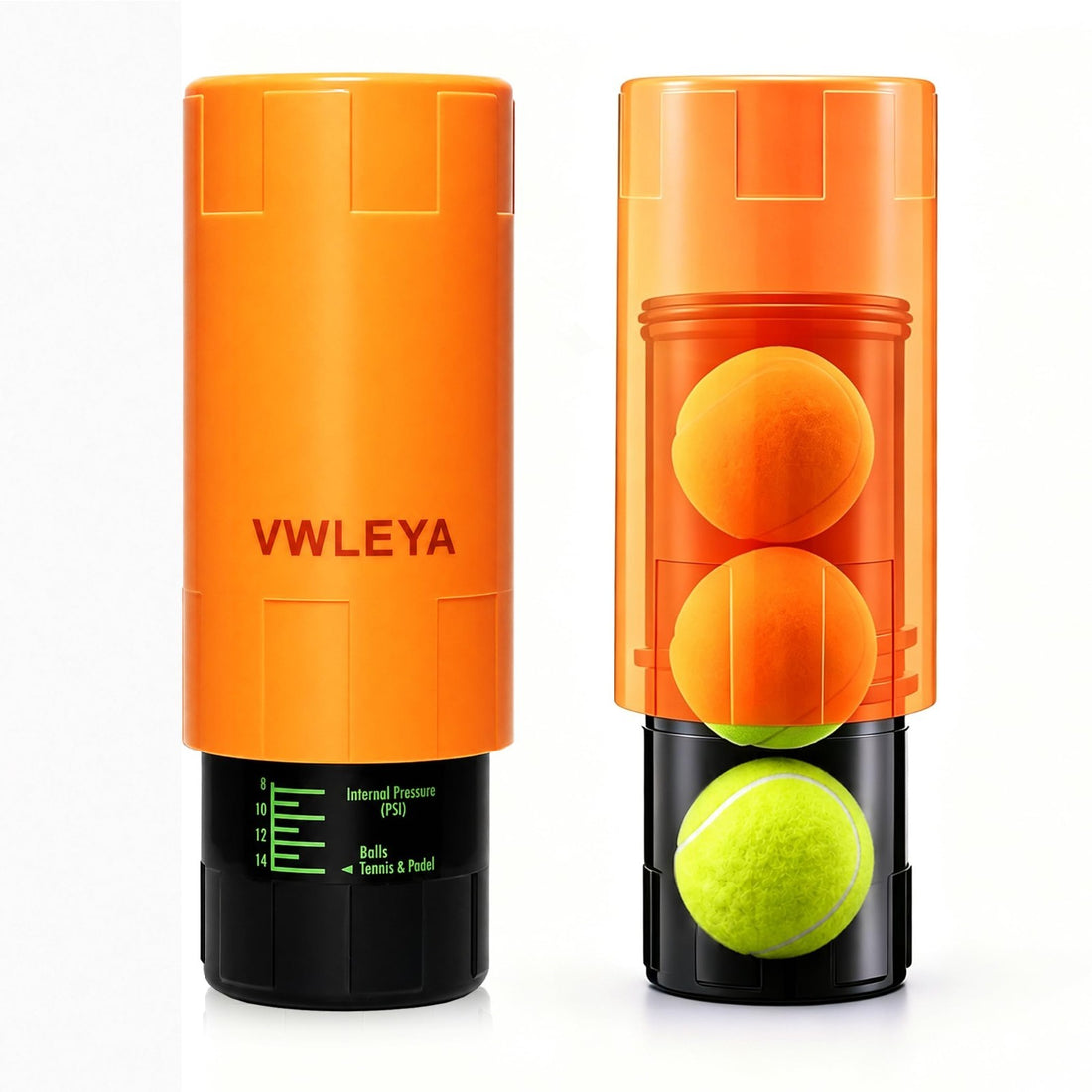 Orange Vwleya tennis ball pressurizer canister holding 3 tennis balls with screw-lock lid on white background