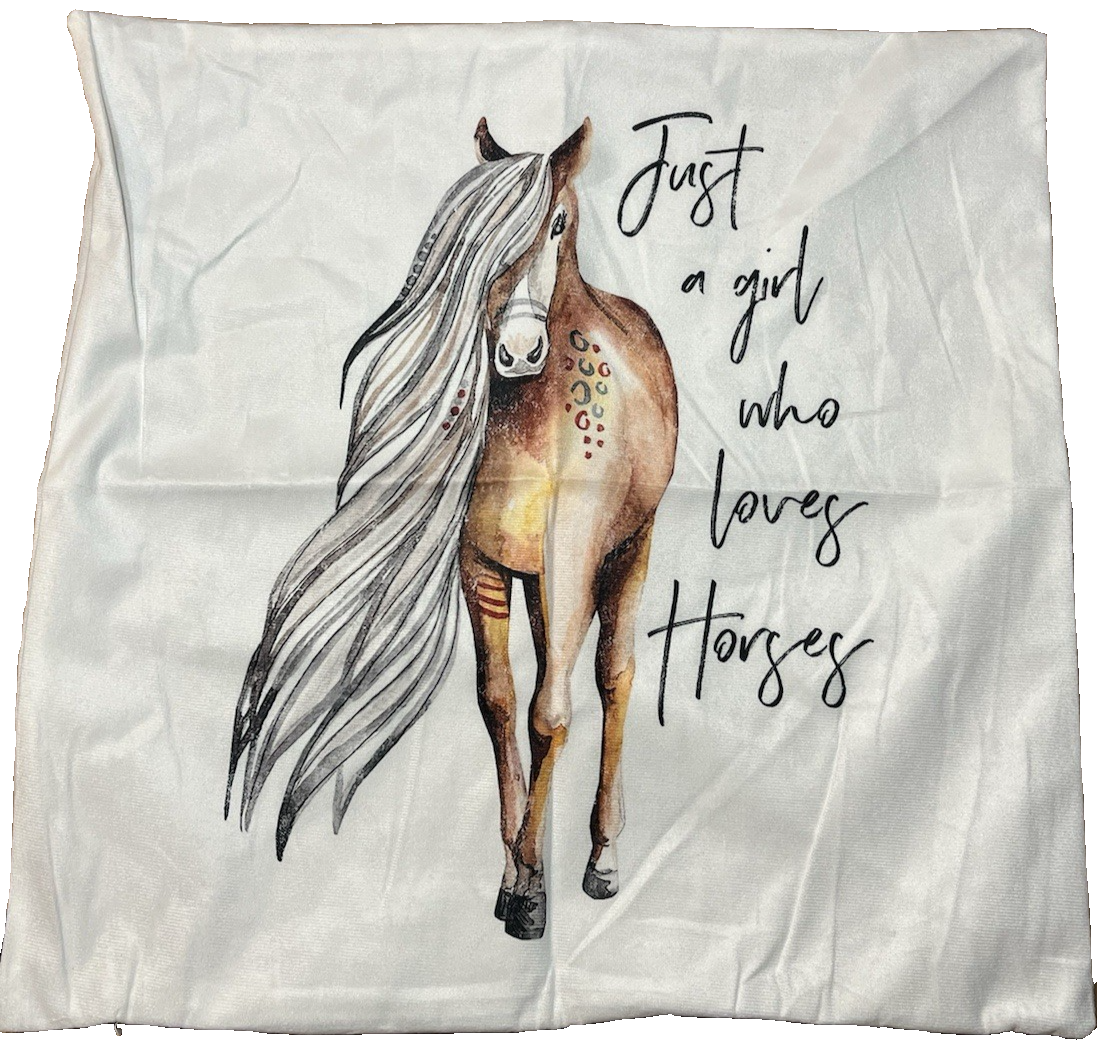 Beige cream flannel 18x18 pillow cover with 'Just a Girl Who Loves Horses' horse print farmhouse text design