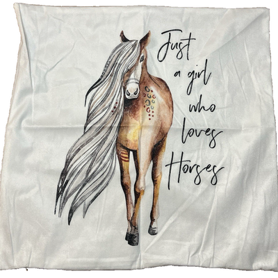 Beige cream flannel 18x18 pillow cover with 'Just a Girl Who Loves Horses' horse print farmhouse text design