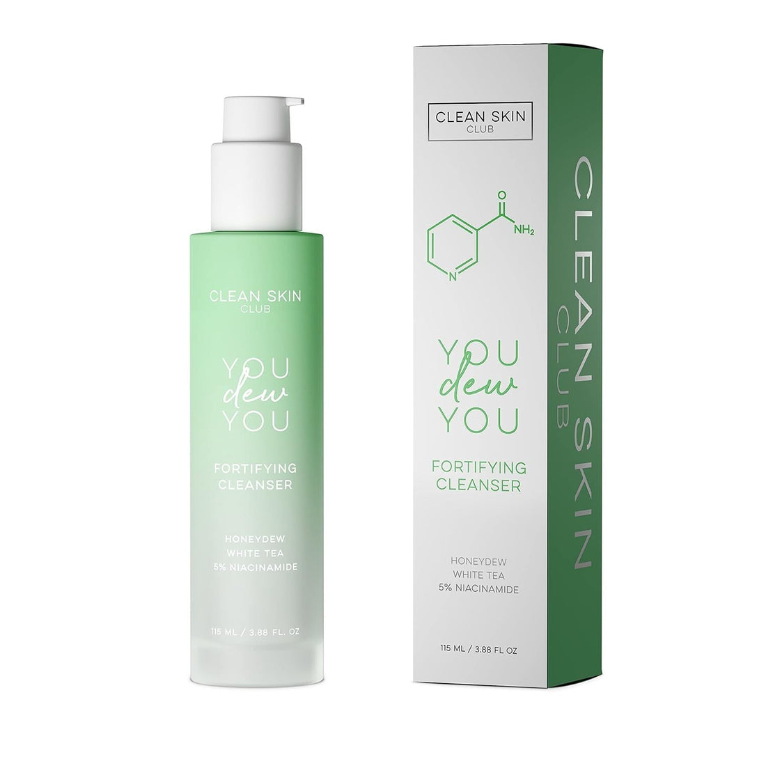 Clean Skin Club oil-free acne face wash bottle 3.88 fl oz with 5% niacinamide honeydew and white tea