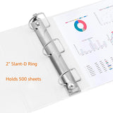 Four white AmazonBasics 2-inch D-ring binders stacked, each holding 500 letter-size sheets with interior pockets - view 2