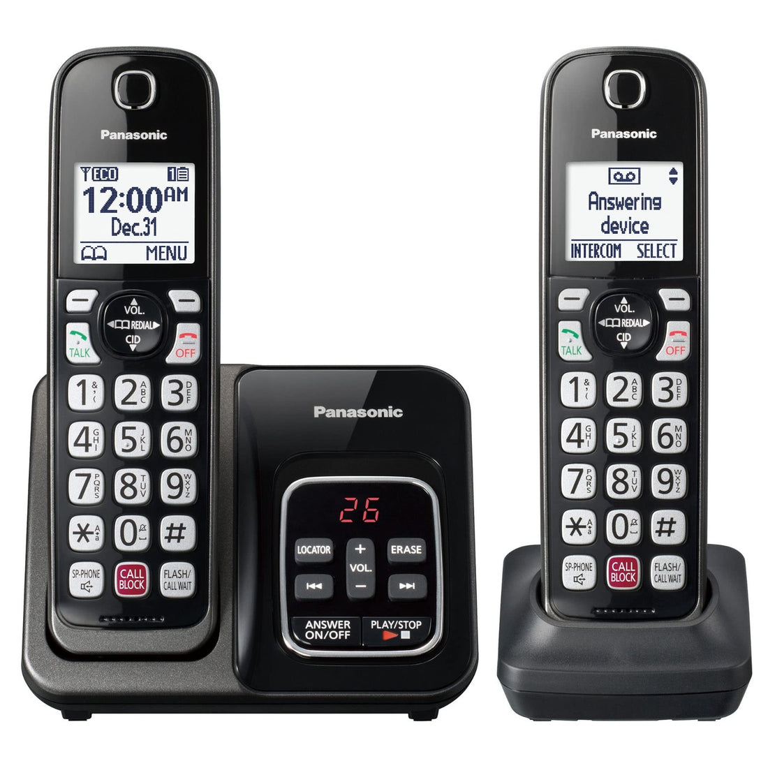 Panasonic KX-TGD832M metallic black cordless phone system with 2 handsets and charging base, featuring call block