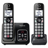 Panasonic KX-TGD832M metallic black cordless phone system with 2 handsets and charging base, featuring call block