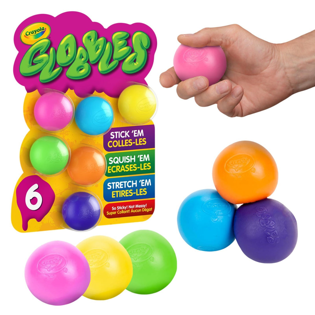 Six multicolor Crayola Globbles squishy sticky fidget balls in packaging, sensory stress relief toys for kids