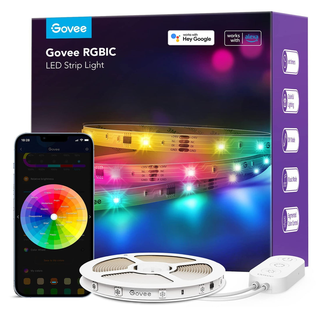 Govee H618C RGBIC 32.8ft LED strip lights displaying multiple colors simultaneously along a wall or room edge