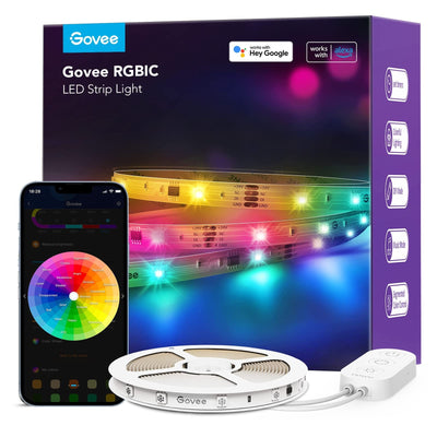 Govee H618C RGBIC 32.8ft LED strip lights displaying multiple colors simultaneously along a wall or room edge