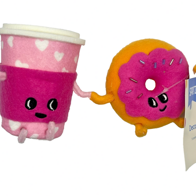 Spritz felt coffee cup and donut figurines holding hands with embroidered faces and beaded sprinkle accents Valentine's Day decor