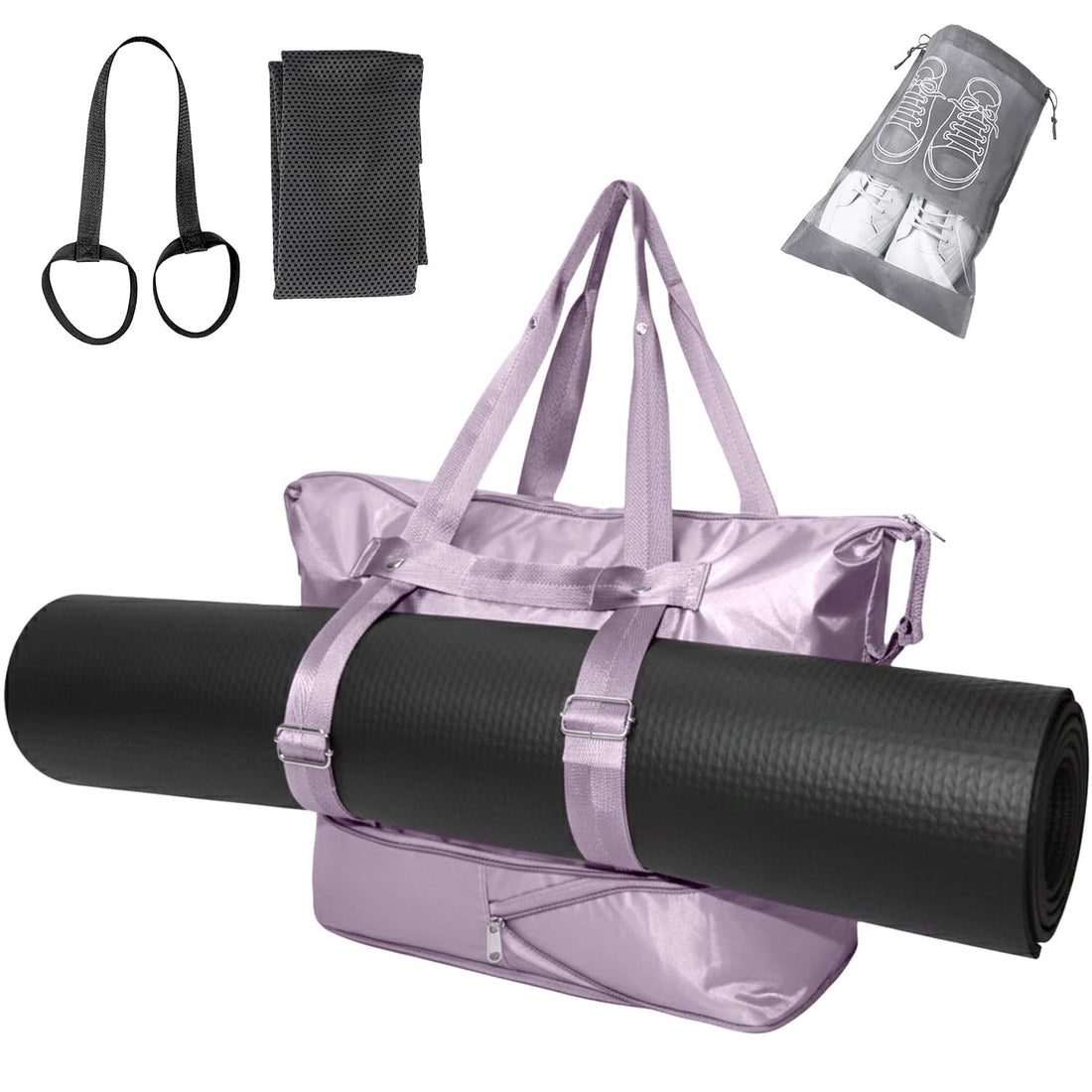 FLOCURE purple nylon yoga mat bag with shoe compartment and wet pocket, front view showing zipper pockets and mat strap