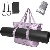 FLOCURE purple nylon yoga mat bag with shoe compartment and wet pocket, front view showing zipper pockets and mat strap