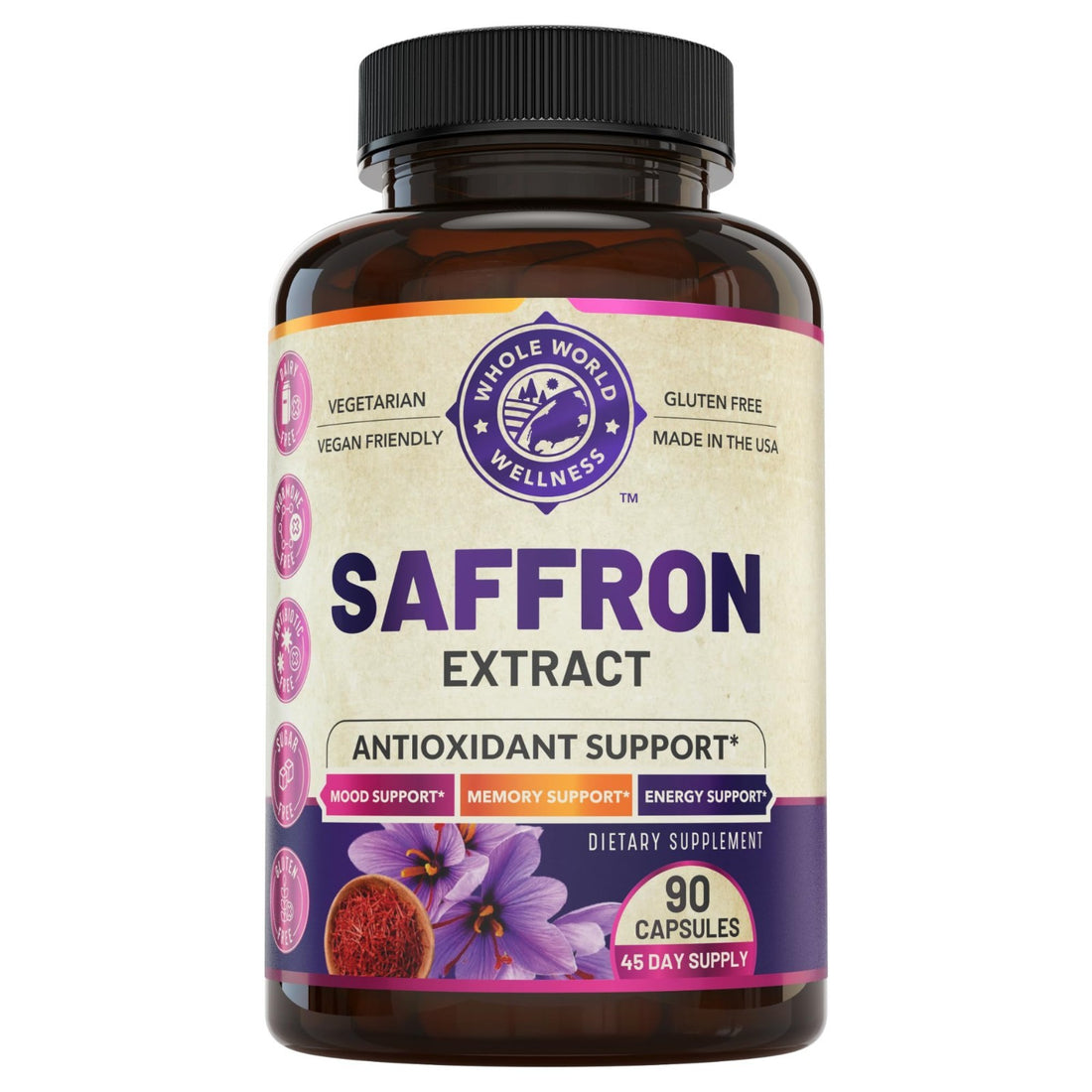 Whole World Wellness Saffron Extract supplement bottle, 90 capsules, mood memory and focus support, NSF certified