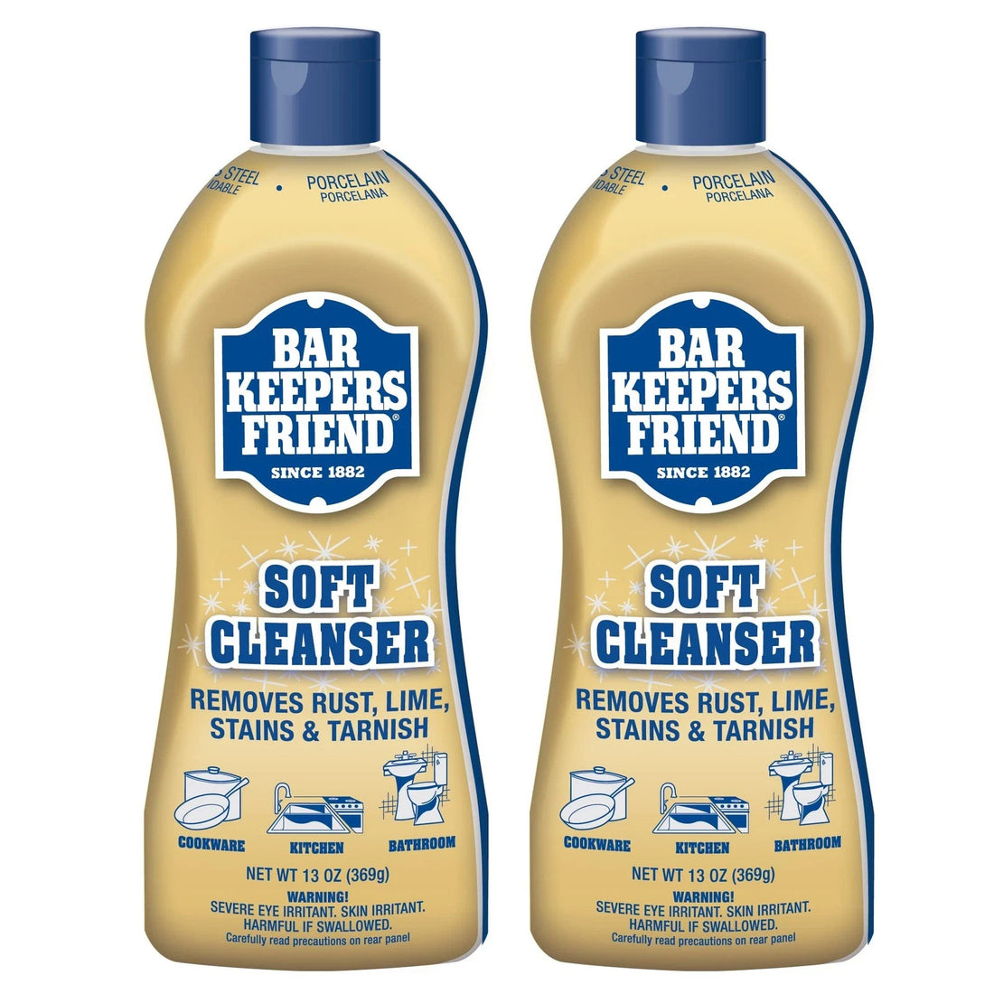Two 13oz bottles of Bar Keepers Friend Soft Cleanser Liquid rust and stain remover in original packaging