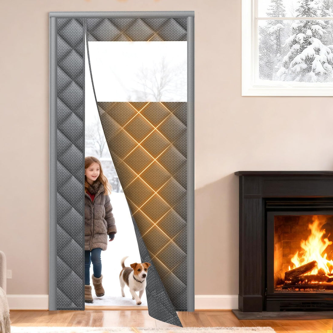 Gray magnetic thermal insulated door curtain 32x82 inches with transparent window panel hanging over a doorway