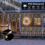Goupfafa 720 LED cool white icicle Christmas lights with 144 hanging drops strung along a roofline outdoors at night - view 8