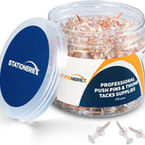 215 rose gold steel push pins with plastic storage jar, displayed on a cork bulletin board