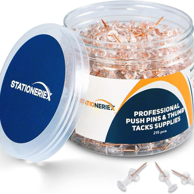 215 rose gold steel push pins with plastic storage jar, displayed on a cork bulletin board