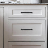 Ten matte black zinc alloy oval bar cabinet pulls with 10-inch center-to-center spacing arranged on a white surface - view 4