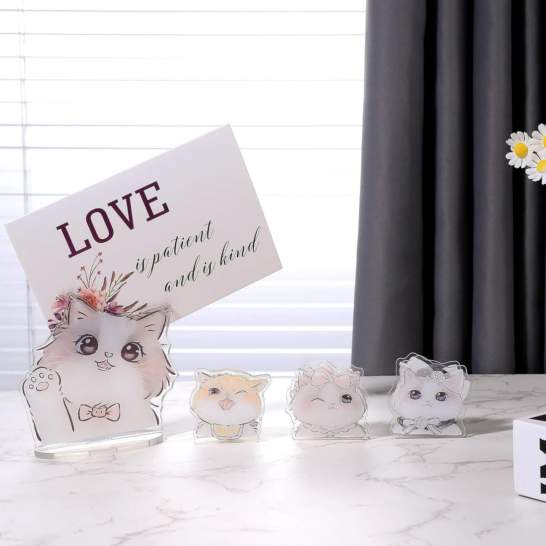 MALACHI clear acrylic cat-shaped memo and photo clip holder stand on a desk, 2x2x2 inches, multicolor print